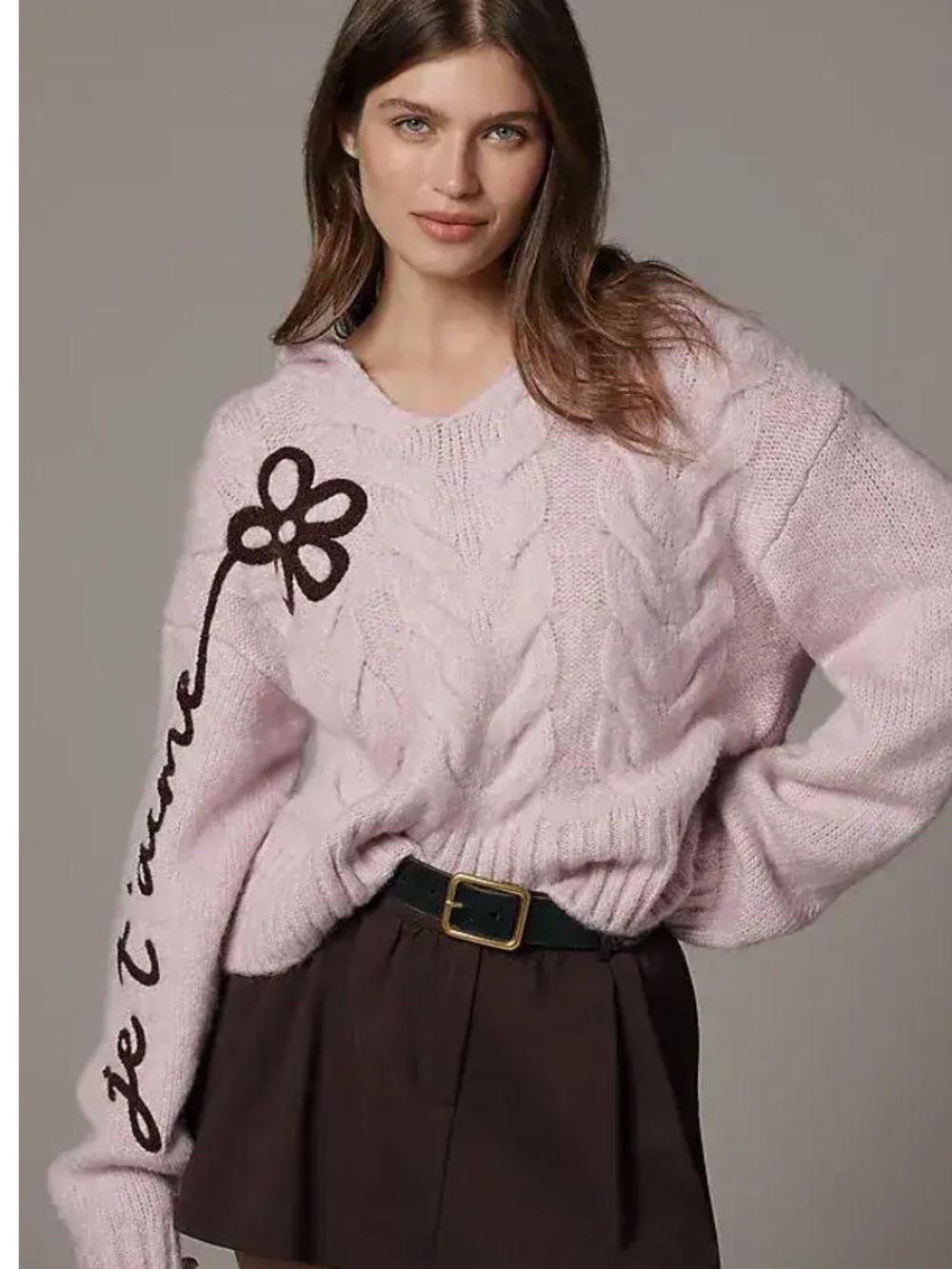 Anthropologie Maeve Embroidered Flower Hooded Cable-Knit Sweater Lavender XS NWT